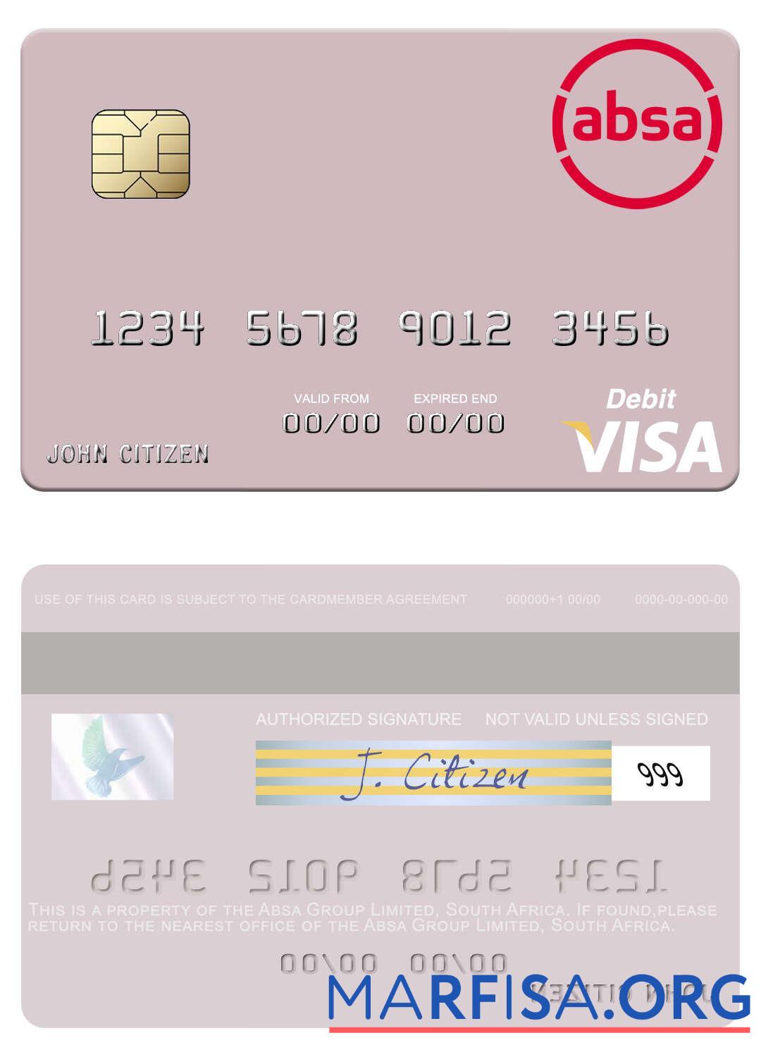 Printable South Africa Absa Group Limited visa debit card real example